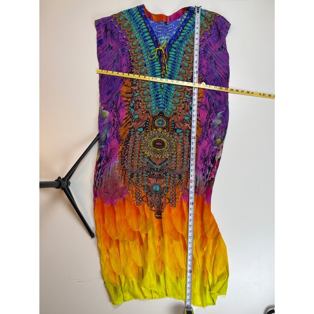 Bohemian Print Kaftan Maxi Dress Purple Yellow Lace Up V-Neck Size S/M - Picture 5 of 12